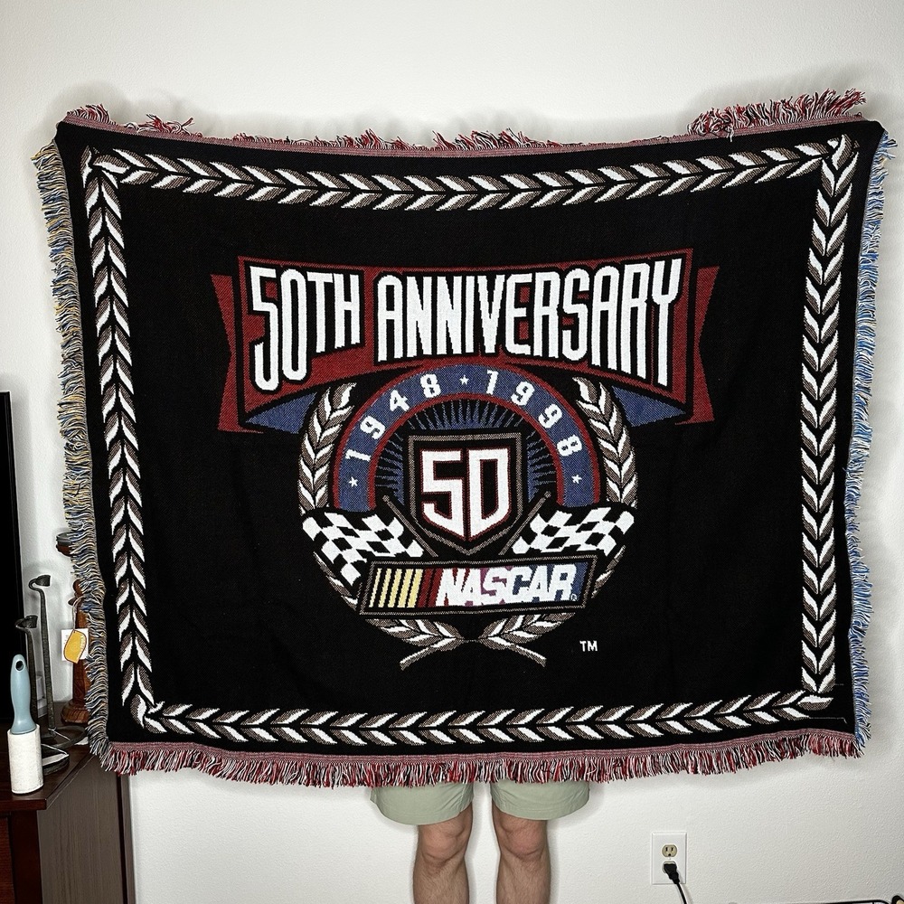 Vintage NASCAR 50th Anniversary 1948-1998 Woven Blanket Collectors Item  56x45"‎